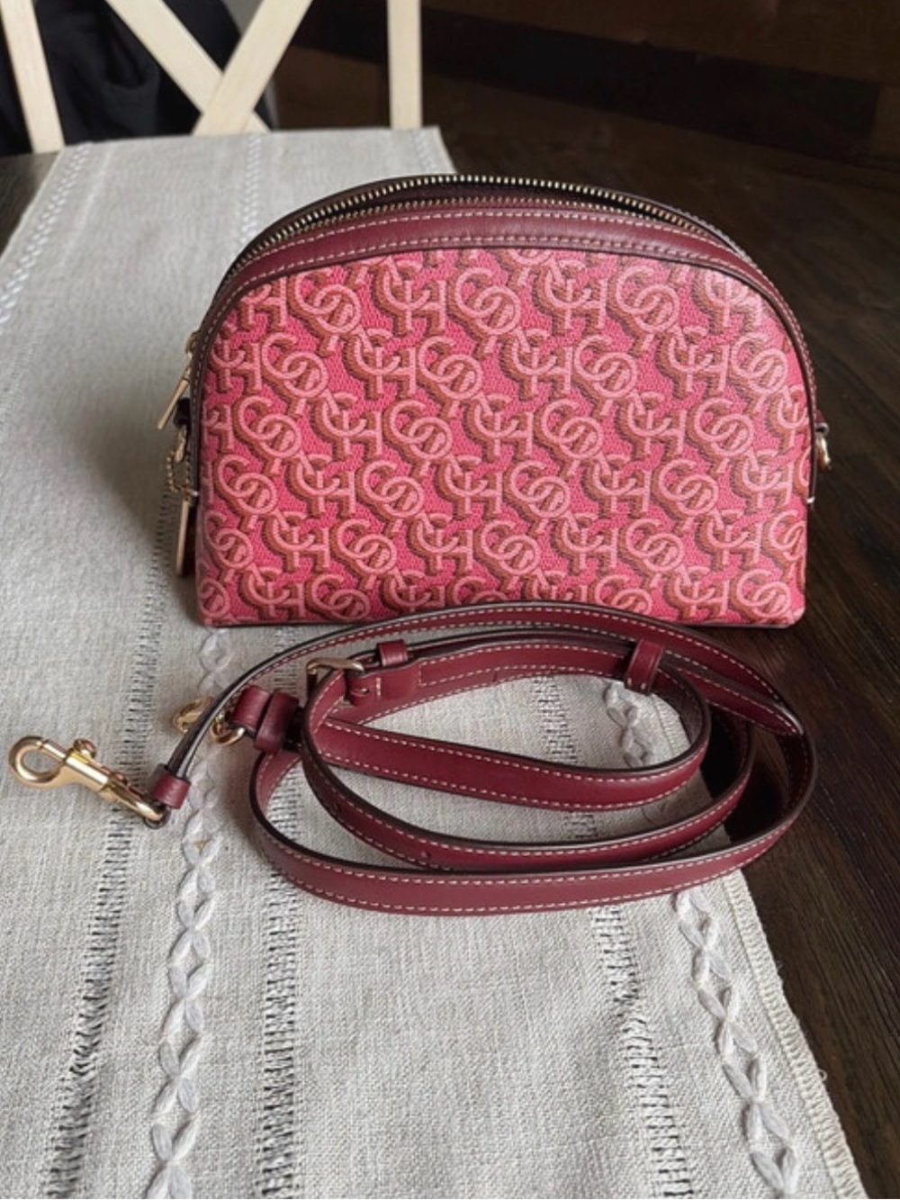 COACH MADI Crossbody w Rouge Pink Canvas & Leather Monogram Print CF343